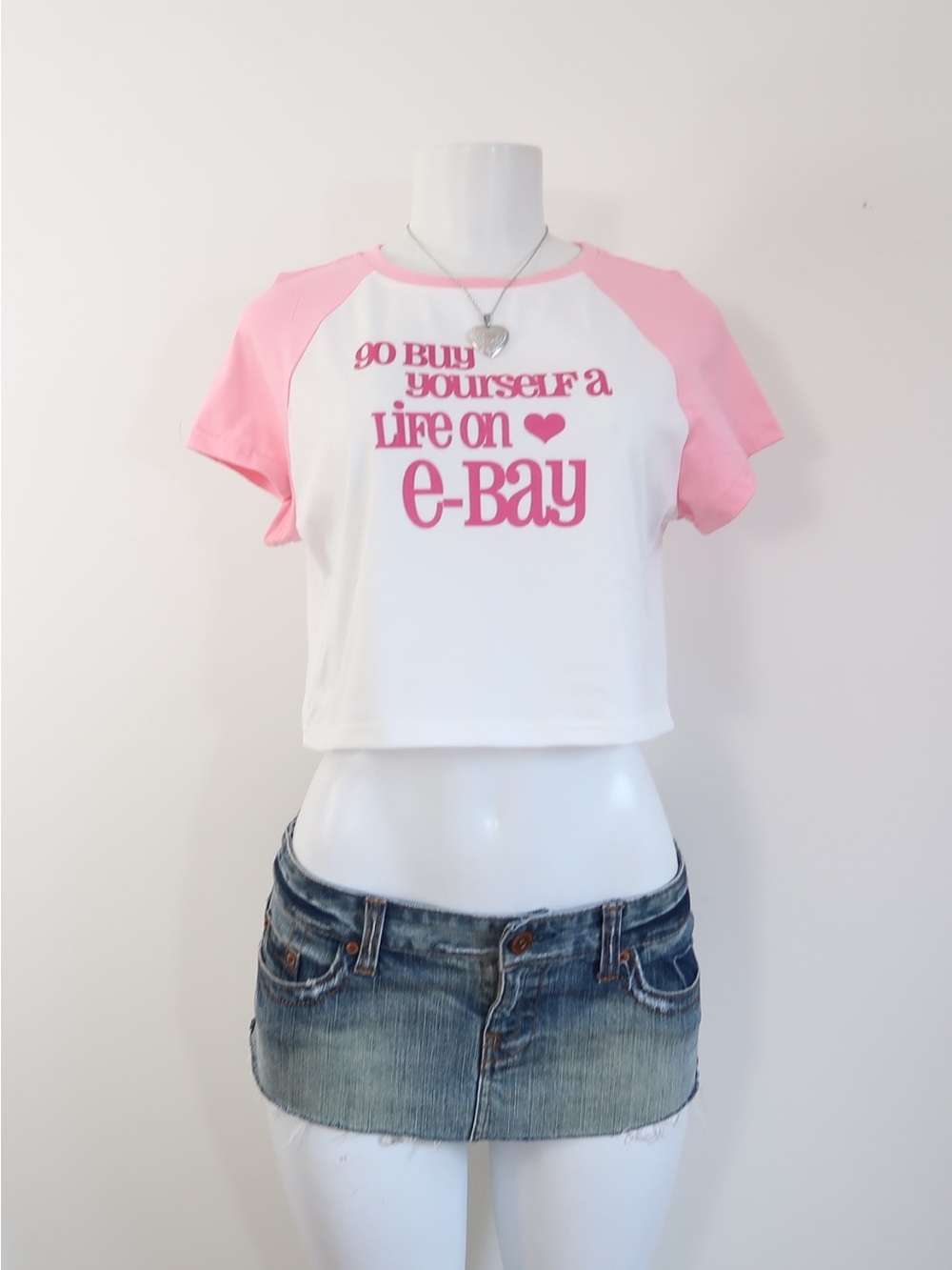 Y2k graphic raglan tee White & Pink Graphic Crop Tee - 'Life on eBay'